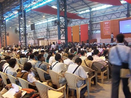 Delegates of the WSF attending the morning plenary in Hall 1, on Land, Water and Food Sovereignty, o