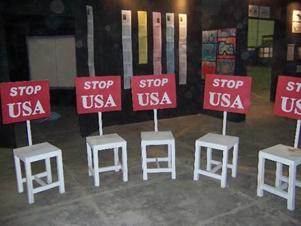 A display in one of the exhibition halls. Organizing against Bush's re-election is a prevalent theme